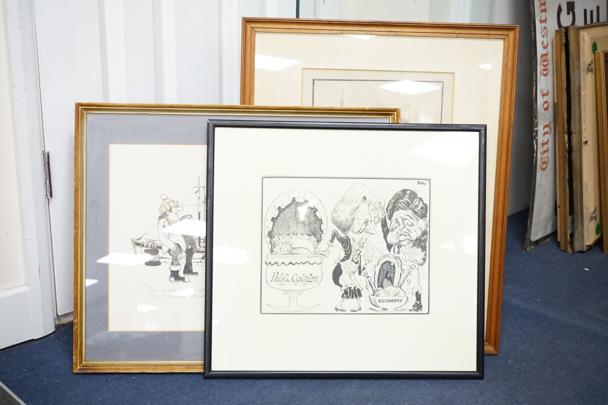 Three 20th century monochrome cartoons and caricatures, to include one by Kevin Kallaugher (Kal, b.1955), ‘Public opinion', signed and dated '86, one by Charles Ince 'Toothache', signed and dated 1906, largest 38 x 24cm.